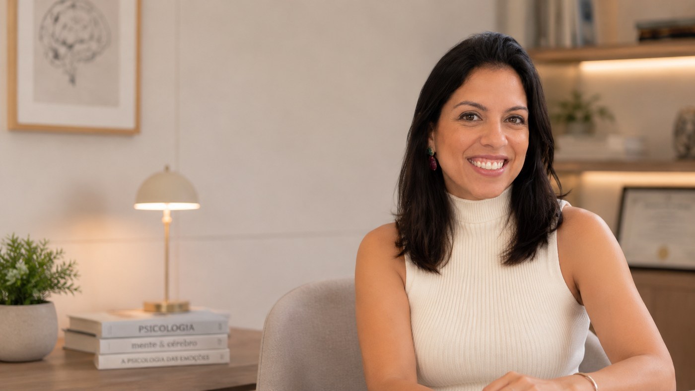 Fernanda Gandour em ambiente acolhedor de atendimento online